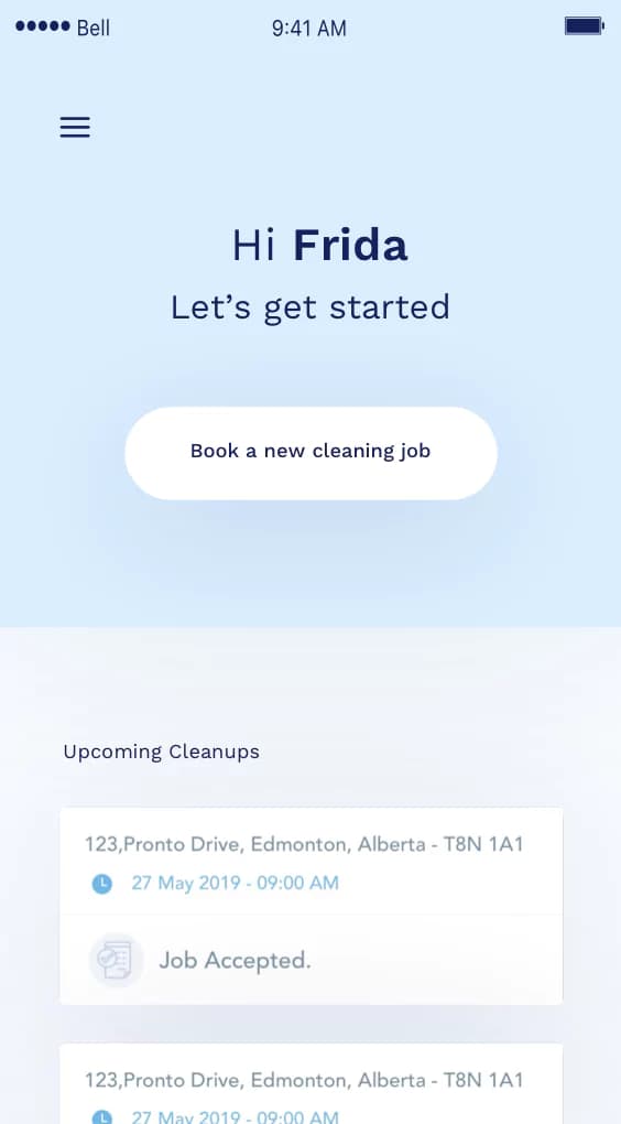 Cleaner app job list and order acceptance screen