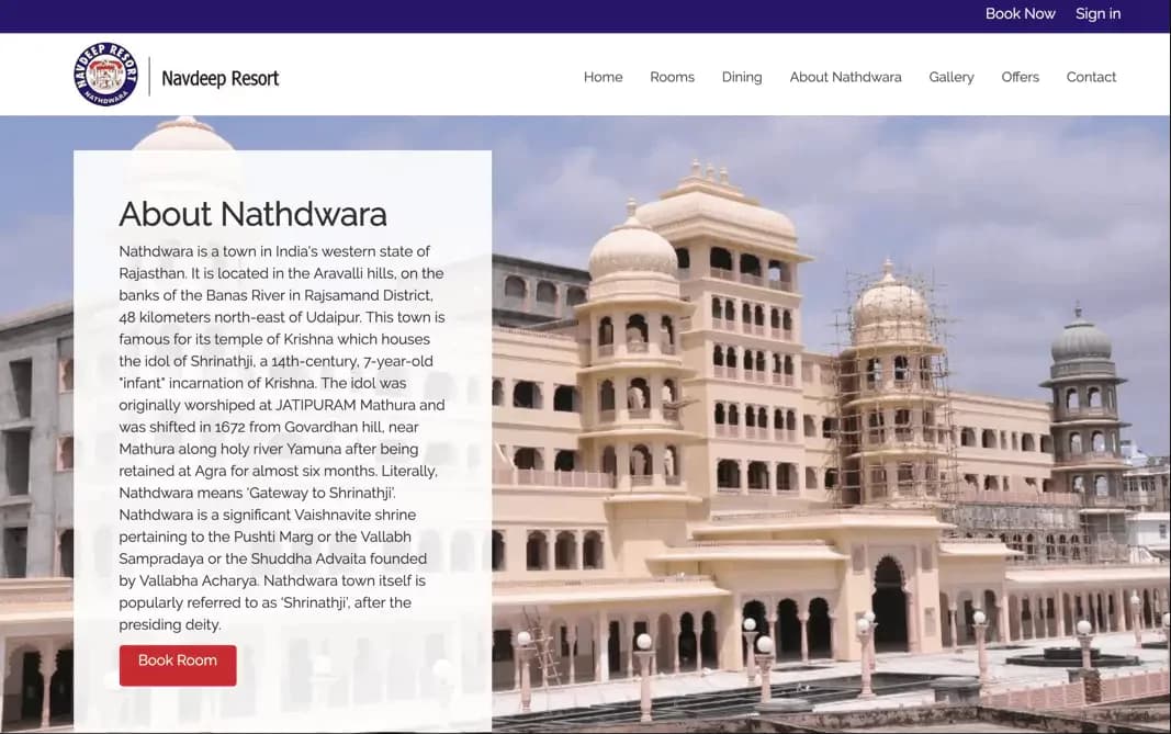 About page describing the Navdeep Resort experience
