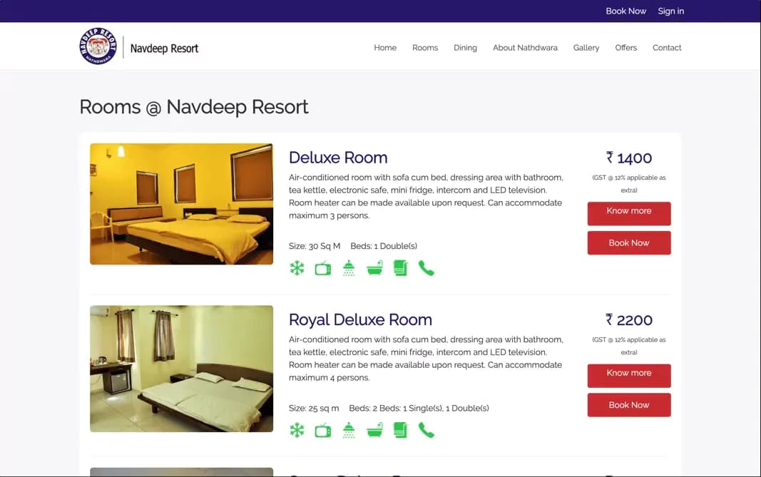 Room catalogue page showing available rooms and resort facilities