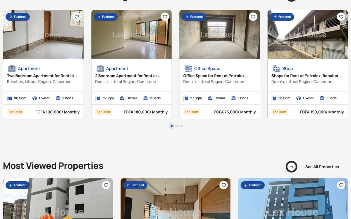 Featured listings priced in FCFA across Douala and Bonaberi, Cameroon, each showing size, lister type and bed count