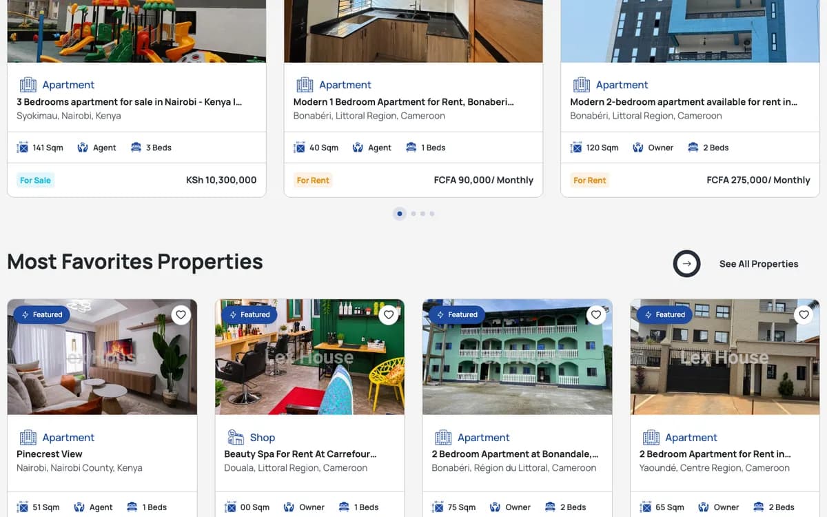 Listings in Kenyan shillings and Central African francs side by side, across apartments, shops and offices in Nairobi, Douala and Yaounde
