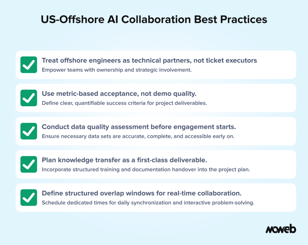 Best practices for US offshore AI collaboration including data quality assessment knowledge transfer and structured communication